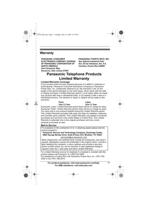 Page 11For product assistance, visit www.panasonic.com/help11
For A assistance, visit www.joip.com
✄
Warranty
PANASONIC CONSUMER 
ELECTRONICS COMPANY, DIVISION 
OF PANASONIC CORPORATION OF 
NORTH AMERICA 
One Panasonic Way, 
Secaucus, New Jersey 07094PANASONIC PUERTO RICO, INC.
San Gabriel Industrial Park, 
Ave. 65 de Infantería, Km. 9.5,
Carolina, Puerto Rico 00985
Panasonic Telephone Products
Limited Warranty
Limited Warranty CoverageIf your product does not work properly because of a defect in materials or...