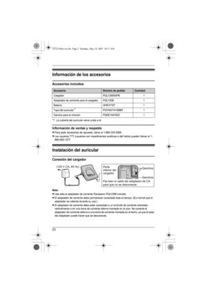 Page 15(2)
Información de los accesorios
Accesorios incluidos
*1 La cubierta del auricular viene unida a él.
Información de ventas y respaldo
LPara pedir accesorios de repuesto, llame al 1-800-332-5368.
LLos usuarios TTY (usuarios con impedimentos auditivos o del habla) pueden llamar al 1-
866-605-1277.
Instalación del auricular
Conexión del cargador
Nota:
LUse sólo el adaptador de corriente Panasonic PQLV208 incluido.
LEl adaptador de corriente debe permanecer conectado todo el tiempo. (Es normal que el...