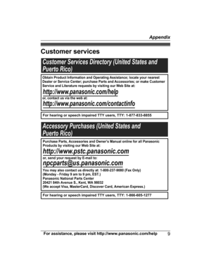 Page 9Customer services
For assistance, please visit http://www.panasonic.com/help
9AppendixPRLA20_IM_(en_en)_1219_ver030.pdf   92013/12/19   22:31:04Customer Services Directory (United States and
Puerto Rico)
For hearing or speech impaired TTY users, TTY: 1-877-833-8855
For hearing or speech impaired TTY users, TTY: 1-866-605-1277                  
Accessory Purchases (United States and
Puerto Rico)
Obtain Product Information and Operating Assistance; locate your nearest 
Dealer or Service Center; purchase...