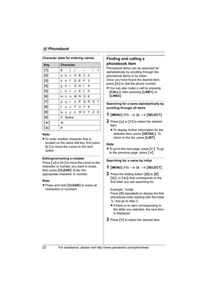 Page 22q Phonebook
22For assistance, please visit http://www.panasonic.com/phonehelp
Character table for entering names
Note:
LTo enter another character that is 
located on the same dial key, first press 
{>} to move the cursor to the next 
space.
Editing/correcting a mistake
Press {} to move the cursor to the 
character or number you want to erase, 
then press {CLEAR}. Enter the 
appropriate character or number.
Note:
LPress and hold {CLEAR} to erase all 
characters or numbers.
Finding and calling a...