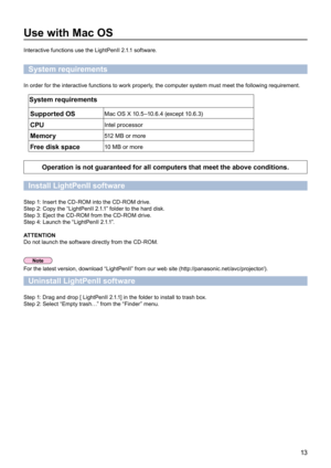 Page 1313
Use with Mac OS
Interactive functions use the LightPenII 2.1.1 software.
System requirements
In order for the interactive functions to work properly, the computer system must meet the following requirement.
System requirementsSupported OS
Mac OS X 10.5 –10.6.4 (except 10.6.3)
CPUIntel processor
Memory512 MB or more
Free disk space10 MB or more
Operation is not guaranteed for all computers that meet the above condit\
ions.
Install LightPenII software
Step 1: Insert the CD-ROM into the CD-ROM drive....