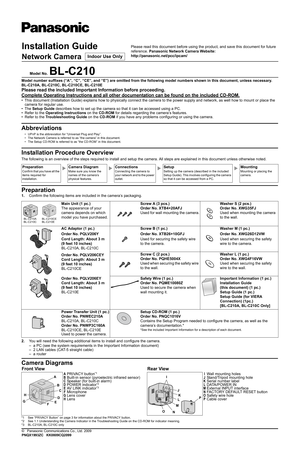 Page 1Installation Guide
Network Camera
Model No.BL-C210
Model number suffixes (“A”, “C”, “CE”, and “E”) are omitted from the following model numbers shown in this document, unless necessary.
BL-C210A, BL-C210C, BL-C210CE, BL-C210E
Please read the included Important Information before proceeding.
Complete Operating Instructions and all other documentation can be found on the included CD-ROM.
• This document (Installation Guide) explains how to physically connect the camera to the power supply and network, as...