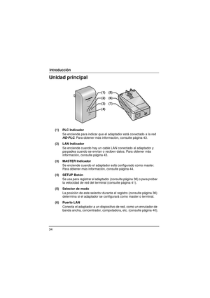 Page 3434
Introducción
Unidad principal
(1) PLC IndicadorSe enciende para indicar que el adaptador está conectado a la red 
HD-PLC . Para obtener más información, consulte página 43.
(2) LAN Indicador Se enciende cuando hay un cable LAN conectado al adaptador y 
parpadea cuando se envían o reciben datos. Para obtener más 
información, consulte página 43.
(3) MASTER Indicador Se enciende cuando el adaptador está configurado como master. 
Para obtener más información, consulte página 44.
(4) SETUP Botón Se usa...