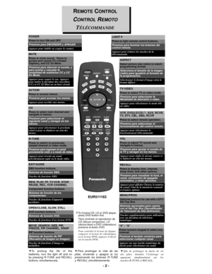 Page 2- 2 -
REMOTE CONTROL
CONTROL REMOTO
TÉLÉCOMMANDE
RECALL 
Press to display time, channel, 
sleep timer, and other options.
Presione para visualizar la hora, el 
canal, cronómetro de apagado 
automático, y otras opciones.
Appuyer pour afficher lheure, le numéro 
du canal, létat de la minuterie-sommeil 
et dautres options.
EUR511163
REW, PLAY, FF, TV/VCR, STOP, 
PAUSE, REC, VCR CHANNEL
Component function buttons.
Botones de función de los 
componentes.
Touches de fonctions dappareil 
auxiliaire.
POWER
Press...