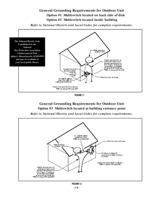Page 14-14-The National Electric Code
is published by the
National
Fire Pr otection Association
1 Batter ymarch Park
Quincy, Massachusetts, 02269-9959
and may be available at
your local public librar yGeneral Grounding Requirements for Outdoor Unit
Option #3  Multiswitch located at building entrance point
Refer to National Electric and Local Codes for complete requirements.General Grounding Requir ements for Outdoor Unit
Option #1  Multiswitch located on back side of dish
Option #2  Multiswitch located inside...