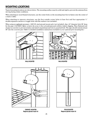 Page 4-4-MOUNTING LOCATIONS
Typical mounting locations are shown below. The mounting surface must be solid and rigid to prevent the antenna from
moving during windy conditions. 
When attaching to wood framed structures, use the center holes on the mounting base foot to fasten onto the center of
a stud or rafter.
When  attaching  to  masonry  stru c t u res,  use  the  four  outside  corner  holes  in  base  foot  and  four  appropriate Z  v
double-expansion anchors or toggle bolts with flat washers (not...