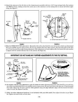 Page 108. Attach the antenna to the tilt slots on the clamp/mount assembly with two 1-3/4” long carriage bolts, flat washers
and ESNA locknuts, making certain  the center pin on the antenna  is in the mating hole in  mount tab before tight-
ening. See Figure 5.
9. Make the PERMANENT TILT adjustment. Remember, this is the value listed for your site location which was determ i n e d
f rom your satellite receiver menu screen. (Do not use numbers from any other sources.) Be sure both bolts in the slots
a re 1/3...