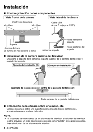 Page 18(63$f2/
,QVWDODFLyQ
 „1RPEUH\IXQFLyQGHORVFRPSRQHQWHV
&DEOH86%
$SUR[PDSUR[¶´
8QLGDGGHVRSRUWH3DQHOIURQWDOGHO
VRSRUWH
3DQHOSRVWHULRUGHO
VRSRUWH
9LVWDODWHUDOGHODFiPDUD
0LFUyIRQR
/iPSDUDGHWRPD
6HLOXPLQDHQURMRGXUDQWHODWRPD2EMHWLYRGHODFiPDUD
0LFUyIRQR
6RSRUWH
9LVWDIURQWDOGHODFiPDUD
 „,QVWDODFLyQGHODFiPDUDHQFLPDGHOWHOHYLVRUDOODGHOWHOHYLVRU\
VXMpWHOR