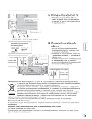 Page 193UHSDUDFLyQGHODVSXQWDVGH
ORVFDEOHVGHDOWDYR]
4XLWHODSXQWD
PLHQWUDVOD
UHWXHUFH‡HVSXpVGHSUHSDUDUORVH[WUHPRVGHORV
FDEOHVGHODOWDYR]GHUHFKRFRQpFWHORVFRPR
VHPXHVWUDHQODLOXVWUDFLyQ
‡(OFDEOHURMRHVSDUDODSRODULGDGSRVLWLYD
\HOQHJURSDUDODQHJDWLYD1RFRQHFWHORV
FDEOHVDOUHYpV
‡

6LYDDILMDUHOWHOHYLVRUFRQSDQWDOODGHSODVPD
HQHOVRSRUWHSDUDFROJDUHQXQDSDUHG
FRQHFWHSULPHURORVFDEOHVGHORVDOWDYRFHVDO
WHOHYLVRUFRQSDQWDOODGHSODVPD...