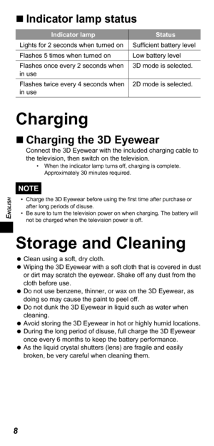 Page 8ENGLISH
8
„„Indicator lamp status
Indicator lamp
Status 
Lights for 2   seconds when turned on Sufficient battery level
Flashes 5
 
times when turned on Low battery level
Flashes once every 2
  seconds when 
in use 3D mode is selected.
Flashes twice every 4
  seconds when 
in use 2D mode is selected.
Charging
„„
Charging the 3D   EyewearConnect the 3D Eyewear with the included charging cable to 
the television, then switch on the television.
• When the indicator lamp turns off,...