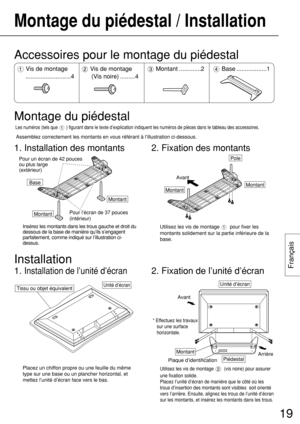 Page 1919
Français
Montage du piédestal / Installation
Base
MontantPour l’écran de 37 pouces 
(intérieur) Pour un écran de 42 pouces
ou plus large 
(extérieur)
Montant
Insérez les montants dans les trous gauche et droit du
dessous de la base de manière qu’ils s’engagent
parfaitement, comme indiqué sur l’illustration ci-
dessus.
2. Fixation des montants
Montant
Pole
Avant
Montant
Utilisez les vis de montage  pour fixer les
montants solidement sur la partie inférieure de la
base.
Accessoires pour le montage du...