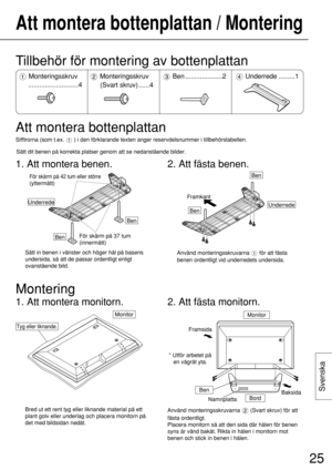 Page 2525
Svenska
Sätt dit benen på korrekta platser genom att se nedanstående bilder.
Att montera bottenplattan / Montering
Underrede
BenFör skärm på 37 tum
 
(innermått)
För skärm på 42 tum eller större
 
(yttermått)
Ben
Sätt in benen i vänster och höger hål på basens
undersida, så att de passar ordentligt enligt
ovanstående bild.
2. Att fästa benen.
Underrede
Ben
Framkant
Ben
Använd monteringsskruvarna  för att fästa
benen ordentligt vid underredets undersida.
Tillbehör för montering av bottenplattan
Att...