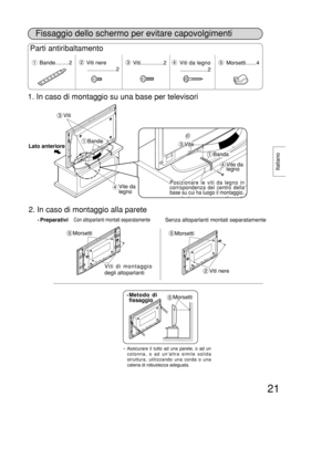 Page 2121
Italiano
Parti antiribaltamento
Viti nere
...................2Viti da legno
..................2Bande.........2
Viti...............2
Viti
Con altoparlanti montati separatamente
Viti di montaggio
degli altoparlanti Morsetti
Morsetti Bande
Banda Lato anteriore
Senza altoparlanti montati separatamente
Morsetti
Viti nere
Metodo di
fissaggio Vite da
legno
Vite da
legno
Posizionare le viti da legno in
corrispondenza del centro della
base su cui ha luogo il montaggio.
Morsetti.......4
Fissaggio dello schermo...