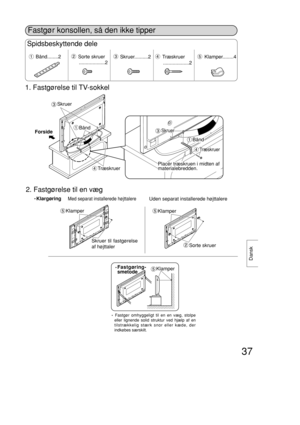 Page 3737
Dansk
Spidsbeskyttende dele
Sorte skruer
...................2Træskruer
...................2Bånd........2
Skruer..........2 Klamper........4
Fastgør konsollen, så den ikke tipper
Skruer
Skruer til fastgørelse
af højttaler Klamper
Klamper Bånd
Bånd Forside
Uden separat installerede højttalere
Klamper
Sorte skruer
Fastgøring-
smetode
Placér træskruen i midten af
materialebredden.
1. Fastgørelse til TV-sokkel
2. Fastgørelse til en væg
*Fastgør omhyggeligt til en en væg, stolpe
eller lignende solid...