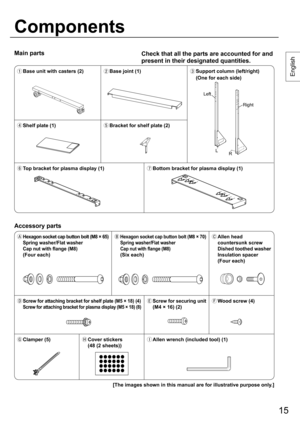 Page 1515
Main parts
English
Components
Check that all the parts are accounted for and 
present in their designated quantities.
  Base unit with casters (2)
 Base joint (1)
 Support column (left/right)
  (One for each side)
 Shelf plate (1)
 Bracket for shelf plate (2)
 Top bracket for plasma display (1)
 Bottom bracket for plasma display (1)
Accessory parts
  Hexagon socket cap button bolt (M8 × 65) 
Spring washer/Flat washer 
Cap nut with flange (M8)
 (Four each)  
Hexagon socket cap button bolt (M8...