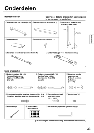 Page 3333
Nederlands
Hoofdonderdelen
Onderdelen
Controleer dat alle onderdelen aanwezig zijn 
in de aangegeven aantallen.
  Basiseenheid met rolvoetjes (2)
 Verbindingsstuk standaard (1)
 Steunkolom (links/rechts)
  (Een voor elke zijde)
 Draagplank (1)
Beugel voor draagplank (2)
 Bovenste beugel voor plasmascherm (1)
 Onderste beugel voor plasmascherm (1)
Extra onderdelen
  Zeskant-inbusbout (M8 × 65) 
Veerring/Platte vulring 
Dopmoer met flens (M8)
 (vier elk)  
Zeskant-inbusbout (M8 × 70)...