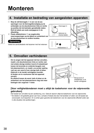 Page 3838
Nederlands
4.  Installatie en bedrading van aangesloten apparaten
  Stop de vijf klemnagels 
 in een van de zes 
openingen voor de klemnagelbevestiging op de 
achterzijde van de steunkolommen links en rechts 
op posities die het bedraden gemakkelijk maken. 
Sluit de kabels aan zoals weergegeven in de 
afbeelding.
  Plaats afdekstickers 
 op ongebruikte 
reserveopeningen op de zijkant en achterkant van 
de steunkolommen en andere locaties.
Geleid de aansluitkabels niet tezamen met het netsnoer.
5....