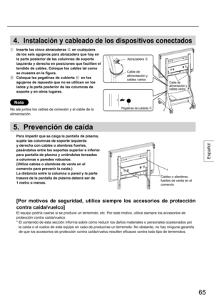 Page 6565
Español
4. Instalación y cableado de los dispositivos conectados
  Inserte las cinco abrazaderas 
 en cualquiera 
de los seis agujeros para abrazadera que hay en 
la parte posterior de las columnas de soporte 
izquierda y derecha en posiciones que faciliten el 
tendido de cables. Coloque los cables tal como 
se muestra en la figura.
  Coloque las pegatinas de cubierta 
 en los 
agujeros de repuesto que no se utilicen en los 
lados y la parte posterior de las columnas de 
soporte y en otros...