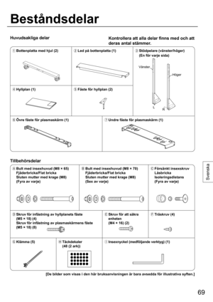 Page 6969
Svenska
Huvudsakliga delar
Beståndsdelar
Kontrollera att alla delar finns med och att 
deras antal stämmer.
  Bottenplatta med hjul (2)
 Led på bottenplatta (1)
 Stödpelare (vänster/höger)
  (En för varje sida)
 Hyllplan (1)
 Fäste för hyllplan (2)
 Övre fäste för plasmaskärm (1)
 Undre fäste för plasmaskärm (1)
Tillbehörsdelar
  Bult med insexhuvud (M8 × 65) 
 Fjäderbricka/Flat bricka
  Sluten mutter med krage (M8)
  (Fyra av varje)  Bult med insexhuvud (M8 × 70) 
 Fjäderbricka/Flat bricka...