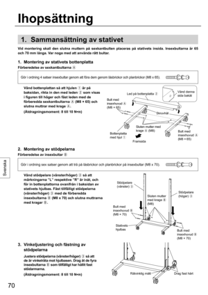 Page 7070
Svenska
1.  Sammansättning av stativet
2.  Montering av stödpelarna
Förberedelse av insexbultar 
3.  Vinkeljustering och fästning av 
stödpelarna
  Justera stödpelarna (vänster/höger)
 så att 
de är vinkelräta mot hjulbasen. Drag åt de fyra 
insexbultarna 
 som tillfälligt har hållit fast 
stödarmarna.
  (Åtdragningsmoment: 8 till 10 N•m)
1.  Montering av stativets bottenplatta
Förberedelse av sexkantbultarna 

Gör i ordning 4 satser insexbultar genom att föra dem genom låsbrickor och planbrickor...
