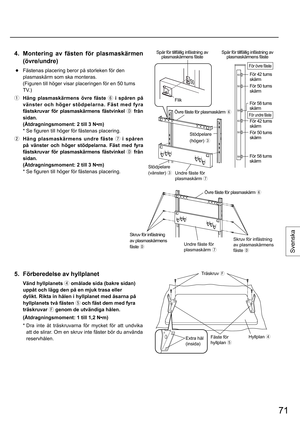 Page 7171
Svenska
5.  Förberedelse av hyllplanet
  
Vänd hyllplanets 
 omålade sida (bakre sidan) 
uppåt och lägg den på en mjuk trasa eller 
dylikt. Rikta in hålen i hyllplanet med åsarna på 
hyllplanets två fästen 
och fäst dem med fyra 
träskruvar 
 genom de utvändiga hålen.
 (Åtdragningsmoment: 1 till 1,2 N•m)
 *  Dra inte åt träskruvarna för mycket för att undvika 
att de slirar. Om en skruv inte fäster bör du använda 
reservhålen.
4.  Montering av fästen för plasmaskärmen 
(övre/undre)
 ●  Fästenas...