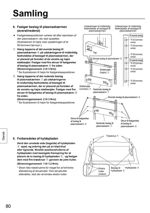 Page 8080
Dansk5.  Forberedelse af hyldepladen
  
Vend den umalede side (bagside) af hyldepladen 
 opad, og anbring den på en blød klud 
eller lignende. Nivellér positionshullerne af 
hyldepladen med beslagets fremspring for at 
placere de to beslag til hyldepladen
, og fastgør 
dem med fire træskruer 
 gennem de ydre huller.  
 (Stramningsmoment: 1 til 1,2 N•m)
 *  Stram ikke træskruerne for meget for at forhindre 
afskrælning af skruehuller. Hvis skruehullet 
afskrælles, skal der anvendes ekstra huller.
4....