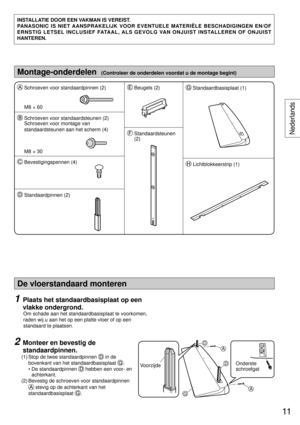 Page 11De vloerstandaard monteren
1  Plaats het standaardbasisplaat op een 
vlakke ondergrond.
   Om schade aan het standaardbasisplaat te voorkomen, 
raden wij u aan het op een platte vloer of op een 
standaard te plaatsen.
2  Monteer en bevestig de 
standaardpinnen.
 (1)  Stop de twee standaardpinnen  in de 
bovenkant van het standaardbasisplaat 
.
•  De standaardpinnen 
 hebben een voor- en 
achterkant. 
 (2)  Bevestig de schroeven voor standaardpinnen 
 stevig op de achterkant van het 
standaardbasisplaat...