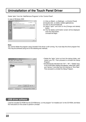 Page 2222
Delete “tpdrv” from the “Add/Remove Programs” of the “Control Panel”.
(1) Click on [Start]  [Settings]  [Control Panel]
(2) Double-click  on [Add or delete applications].
(3) Click on the [Uninstall] tab.
(4) Select tpdrv and click on the [Change and delete]
button.
(5) The file delete confirmation screen will be displayed.
Click the [Yes] button.
Uninstall will begin.
• Delete the “tpdrv” short cut from the startup folder, and
restart your PC. Then proceed to uninstall the Setup
Program.
•...