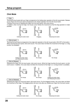 Page 2828
Touching the touch panel with your finger corresponds to the holding down operation of the left mouse button. Release
of your finger from the touch panel corresponds to the release operation from the left mouse button.
Therefore at the time of releasing the finger from the touch panel, click event occurs.
In addition, when moving the finger, the mouse cursor follows the movement so that the drag operation is made
possible.
Holding the button down
Setup program
Drag
Dragging Releasing the button...