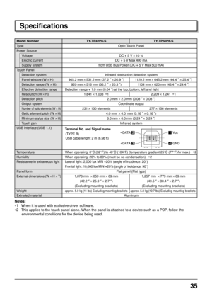 Page 3535
Specifications
Model Number
Type
Power Source
Voltage
Electric current
Supply system
Touch Panel
Detection system
Panel window (W × H)
Detection range (W × H)
Effective detection range
Resolution (W × H)
Detection pitch
Output system
Number of optic elements (W × H)
Optic element pitch (W × H)
Minimum stylus size (W × H)
Touch pen
USB Interface (USB 1.1)
Temperature
Humidity
Resistance to extraneous light
Panel form
External dimensions (W × H × T)
Weight
Extruded materialTY-TP42P8-S TY-TP50P8-S
Optic...