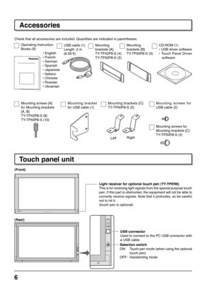 Page 66
Accessories
Check that all accessories are included. Quantities are indicated in parentheses.
USB cable (1)
Length: 2 m
(6.56 ft)
Mounting
brackets [A]
TY-TP42P8-S (4)
TY-TP50P8-S (2)CD-ROM (1)
• USB driver software
• Touch Panel Driver
software
Mounting screws [A]
for Mounting brackets
[A, B]
TY-TP42P8-S (8)
TY-TP50P8-S (10)
Light receiver for optional touch pen (TY-TPEN6)
This is for receiving light signals from the special-purpose touch
pen. If this part is obstructed, the equipment will not be able...