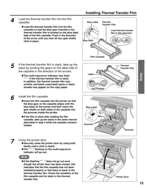 Page 1515
Installing Thermal Transfer Film
Using
Thermal
Transfer Film
Load thermal transfer
film in this derection
Film Cassette
Blue Label
Blue Gear
4Load the thermal transfer film into the film
cassette.
C Load the thermal transfer film into the film
cassette so that the blue gear inserted in the
thermal transfer film is located on the blue label
side of the film cassette. Push in the direction
of the arrow until you hear all four gear shafts
click in place.
Slack Prohibited
Label
Thermal 
Transfer Film5If...