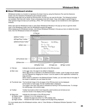 Page 4545
Whiteboard Mode
Using
nAbout Whiteboard window
Whiteboard window is a function to reproduce the drawn lines by using th\
e Electronic Pen and the Electronic
Eraser onto the Interactive Panaboard to the computer screen.
Recorded image data can be saved as IPB document. So that you can see th\
e file later. The following functions
are available; Add lines with marker. Erase unnecessary lines with erase\
r. Copy entire page or partial image to
other general image formats such as Bitmap, JPEG, TIFF and...