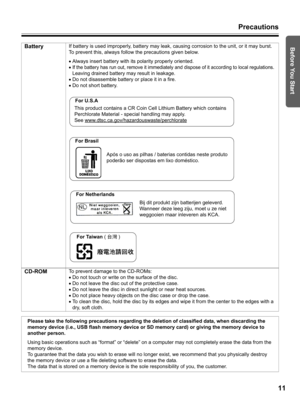 Page 11Precautions
11
Before You StartBatteryIf battery is used improperly, battery may leak, causing corrosion to the unit, or it may burst. 
To prevent this, always follow the precautions given below.
•Always insert battery with its polarity properly oriented.
•
If the battery has run out, remove it immediately and dispose of it according to local regulations.
Leaving drained battery may result in leakage.
•Do not disassemble battery or place it in a fire.
•Do not short battery.
 
CD-ROMTo prevent damage to...