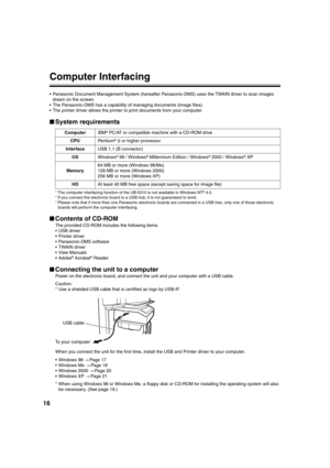 Page 1616
Computer Interfacing
 Panasonic Document Management System (hereafter Panasonic-DMS) uses the TWAIN driver to scan images 
drawn on the screen.
 The Panasonic-DMS has a capability of managing documents (image files).
 The printer driver allows the printer to print documents from your computer.
■System requirements
* The computer interfacing function of the UB-5310 is not available in Windows NT® 4.0.
* If you connect the electronic board to a USB hub, it is not guaranteed to work.
* Please note...