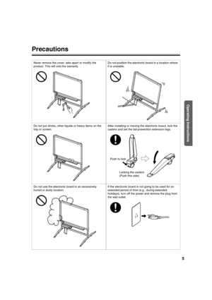 Page 55
Operating Instructions
Precautions
Never remove the cover, take apart or modify the 
product. This will void the warranty.Do not position the electronic board in a location where 
it is unstable.
Do not put drinks, other liquids or heavy items on the 
tray or screen.After installing or moving the electronic board, lock the 
casters and set the fall-prevention extension legs.
Do not use the electronic board in an excessively 
humid or dusty location.If the electronic board is not going to be used for an...