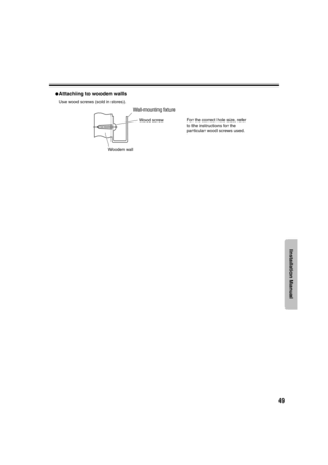 Page 4949
Installation Manual
●Attaching to wooden walls
Use wood screws (sold in stores).
For the correct hole size, refer 
to the instructions for the 
particular wood screws used. Wall-mounting fixture
Wood screw
Wooden wall
UB-5310_MECA.book  49 ページ  ２００３年５月１５日　木曜日　午後５時２３分 