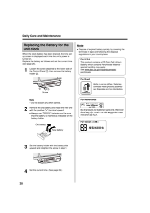 Page 30Daily Care and Maintenance
30
When the clock battery has been drained, the time set-
up screen is displayed each time the unit’s power is 
turned on.
Replace the battery as follows and set the current time 
(see page 26).
1
Loosen the screw attached to the lower side of 
the Control Panel  1, then remove the battery 
holder  2.
Note
• Do not loosen any other screws.
2
Remove the old battery and install the new one 
with the positive (“+”) terminal upward.
•Always use “CR2032” batteries and be sure 
that...