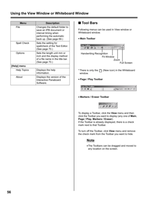 Page 56Using the View Window or Whiteboard Window
56
■To o l  B a r s
Following menus can be used in View window or 
Whiteboard window.
•Main Toolbar
* There is only the   (New icon) in the Whiteboard 
window.
•Page / Play Toolbar
•Markers / Eraser Toolbar
To display a Toolbar, click the View menu and then 
click the Toolbar you want to display (any one of Main, 
Page / Play, Markers / Eraser).
If the Toolbar is already displayed, there is a check 
mark next to that Toolbar.
To turn off the Toolbar, click View...