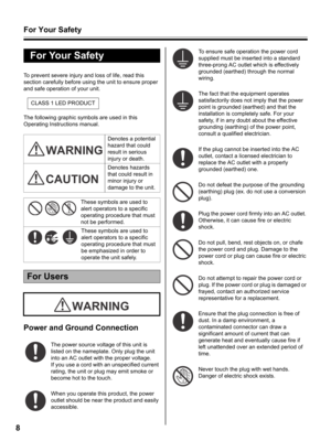 Page 8For Your Safety
8
To prevent severe injury and loss of life, read this 
section carefully before using the unit to ensure proper 
and safe operation of your unit.
The following graphic symbols are used in this 
Operating Instructions manual.
Power and Ground Connection
The power source voltage of this unit is 
listed on the nameplate. Only plug the unit 
into an AC outlet with the proper voltage.
If you use a cord with an unspecified current 
rating, the unit or plug may emit smoke or 
become hot to the...
