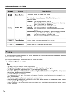 Page 74Using the Panasonic-DMS
74
To print documents from the computer to the printer, select the Print menu of the application software and select the 
printer name set when installing.
The standard printer name is “Panaboard-UB8 USB Printer (A4/Letter
 *)”.
* A4 or Letter changes with the models.
Note
•The Multi-Copy/Error Indicator flashes when printing.
After printing, all the panel keys are disabled until the Multi-Copy/Error Indicator lights.
•You cannot stop printing after printing starts. Do not attempt...