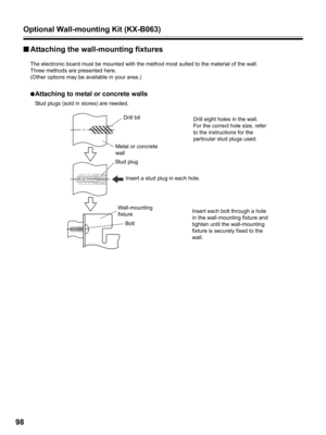 Page 98Optional Wall-mounting Kit (KX-B063)
98
■Attaching the wall-mounting fixtures
The electronic board must be mounted with the method most suited to the material of the wall.
Three methods are presented here.
(Other options may be available in your area.)
●
Attaching to metal or concrete walls
Stud plugs (sold in stores) are needed.
Drill eight holes in the wall.
For the correct hole size, refer 
to the instructions for the 
particular stud plugs used.
Insert each bolt through a hole 
in the wall-mounting...