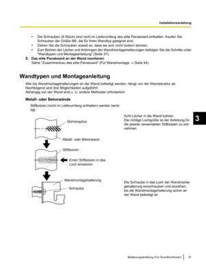 Page 139•
Die Schrauben (8 Stück) sind nicht im Lieferumfang des elite Panaboard enthalten. Kaufen Sie
Schrauben der Größe M6, die für Ihren Wandtyp geeignet sind.
• Ziehen Sie die Schrauben soweit an, dass sie sich nicht lockern können.
• Zum Bohren der Löcher und Anbringen
 der Wandmontagehalterungen befolgen Sie die Schritte unter
"Wandtypen und Montageanleitung" (Seite 37).
5. Das elite Panaboard an der Wand montieren.
Siehe "Zusammenbau des elite Panaboard" (Für Wandmontage  ® Seite 44)....