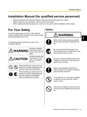 Page 31Installation Manual (for qualified service personnel)
•Request assembly of the Electronic Board, stand and wall mounting from your dealer.
• Before assembly and construction, read this section thoroughly.
• When installing the elite Panaboard on a wall or on the stand, perform installation with 2 people.
For Your Safety
To prevent severe injury and loss of life, read this
section carefully before using the unit to ensure proper
and safe operation of your unit.
The following graphic symbols are used in...