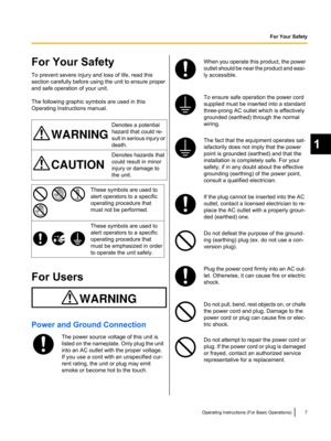 Page 9For Your Safety
To prevent severe injury and loss of life, read this
section carefully before using the unit to ensure proper
and safe operation of your unit.
The following graphic symbols are used in this
Operating Instructions manual.
Denotes a potential
hazard that could re-
sult in serious injury or
death.
Denotes hazards that
could result in minor
injury or damage to
the unit.
These symbols are used to
alert operators to a specific
operating procedure that
must not be performed.
These symbols are...