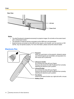 Page 16AC Inlet
Power Cord Penpoint
When you push down on the penpoint, ultrasonic waves 
and infrared signals are transmitted, and equivalent of a 
left mouse click is performed.
Ultrasonic Emitter
Do not block this area with your fingers.
Doing so will prevent the elite Panaboard from correctly 
detecting the electronic pens position.
Infrared Emitter
Do not block this area with your fingers.
Doing so will prevent the elite Panaboard from correctly 
detecting the electronic pens position.
Pen Button
Performs...