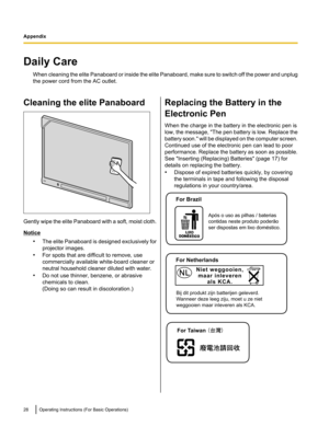 Page 28 Após o uso as pilhas / baterias 
contidas neste produto poderão 
ser dispostas em lixo doméstico.
For Brazil Bij dit produkt zijn batterijen geleverd.
Wanneer deze leeg ziju, moet u ze niet
weggooien maar inleveren als KCA.
For Netherlands
Niet weggooien,
maar inleveren
als KCA.NLNL For Taiwan   