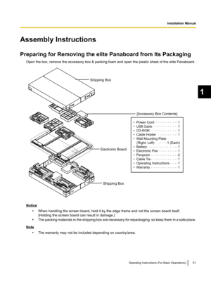 Page 51Shipping Box
Shipping Box
Electronic Board
[Accessory Box Contents]
•  Power Cord  1
  USB Cable 1
  CD-ROM 1
  Cable Holder  1
  Wall Mounting Plate  
(Right, Left)  1 (Each)
  Battery 1
  Electronic Pen  1
  Penpoint 2 
  Cable Tie  1
  Operating Instructions  1
  Warranty 1..............
.......
...................
...........
................ ................
............ ...............
................
................
.....  