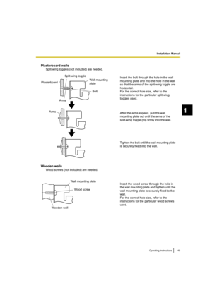 Page 43Installation Manual
43Operating Instructions
1
Plasterboard walls
Split-wing toggles (not included) are needed.
Wooden walls
Wood screws (not included) are needed.
PlasterboardSplit-wing toggle
Arms Wall mounting 
plate
After the arms expand, pull the wall 
mounting plate out until the arms of the 
split-wing toggle grip firmly into the wall.
Tighten the bolt until the wall mounting plate 
is securely fixed into the wall.
Bolt
Insert the bolt through the hole in the wall 
mounting plate and into the hole...