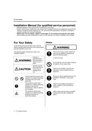 Page 14For Your Safety
14 Installation Manual
For Your Safety
Installation Manual (for qualified service personnel)
•Request assembly of the units and wall mounting from your dealer.
•Before constructing or installing the units, please read “Installation Manual (for qualified service personnel)” 
carefully. Panasonic System Networks Co., Ltd. cannot be held responsible for accidents or damage to 
property resulting from incorrect installation.
•Please read “For Your Safety” (pages 4–6 and pages 14–15) carefully...